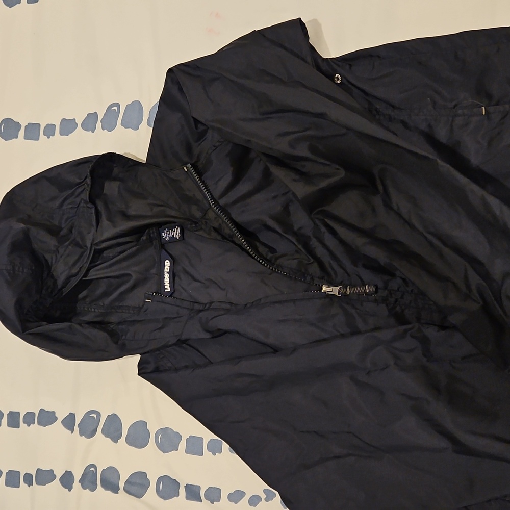 Boys Lands End navy hooded windbreaker L